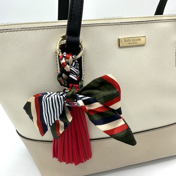 EUC Kate Spade Beige/Ivory/Black Colorblock Zip-Top Leather Tote + Bag Charm - Picture 9 of 16